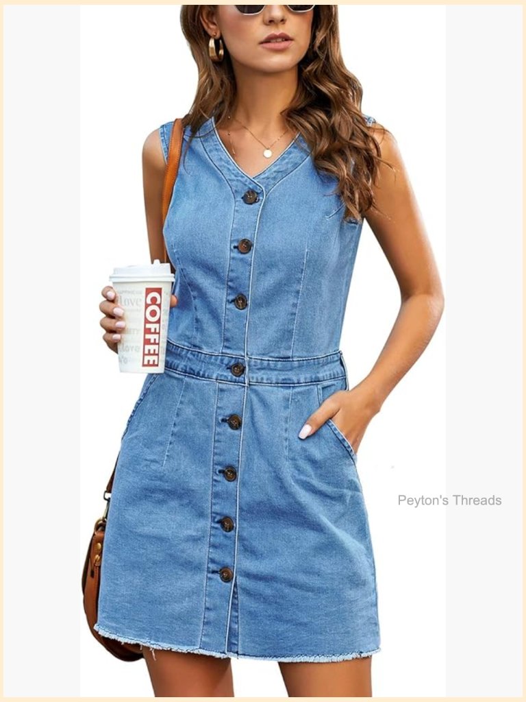 Sleeveless V Neck Button Down Frayed Hem Short Denim Dress